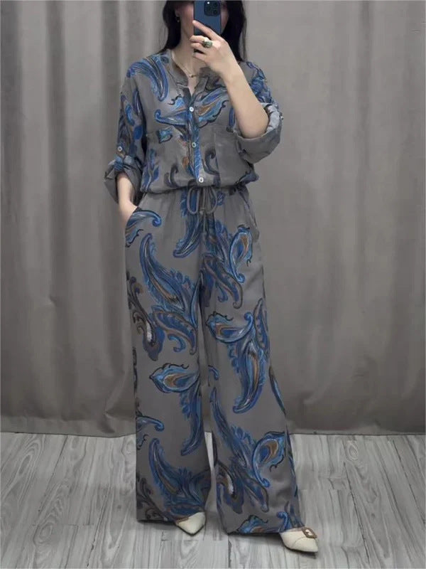 Printed Fashion Women's Long Sleeve Shirt Trousers Suit