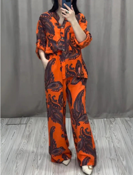 Printed Fashion Women's Long Sleeve Shirt Trousers Suit