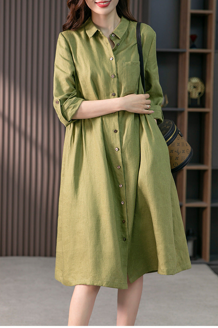 Elegant French Linen Shirt Dress Designer Niche Solid Colour Dresses