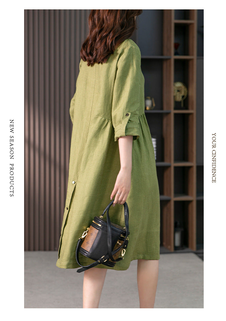 Elegant French Linen Shirt Dress Designer Niche Solid Colour Dresses