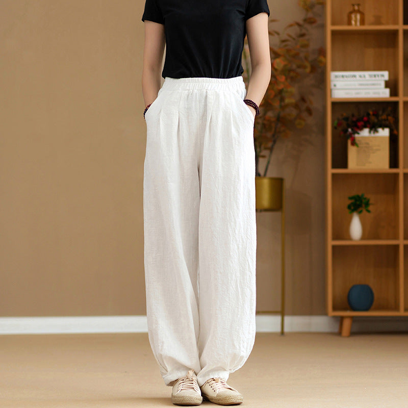 New cotton and linen women's pants, loose and versatile, slim sand-washed linen bloomers