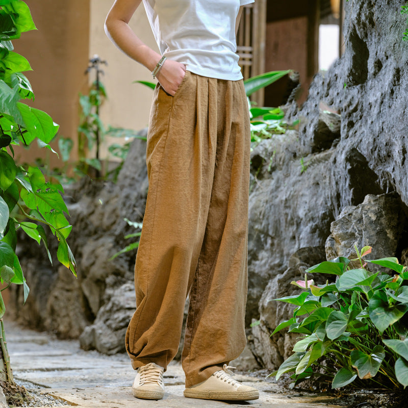 New cotton and linen women's pants, loose and versatile, slim sand-washed linen bloomers