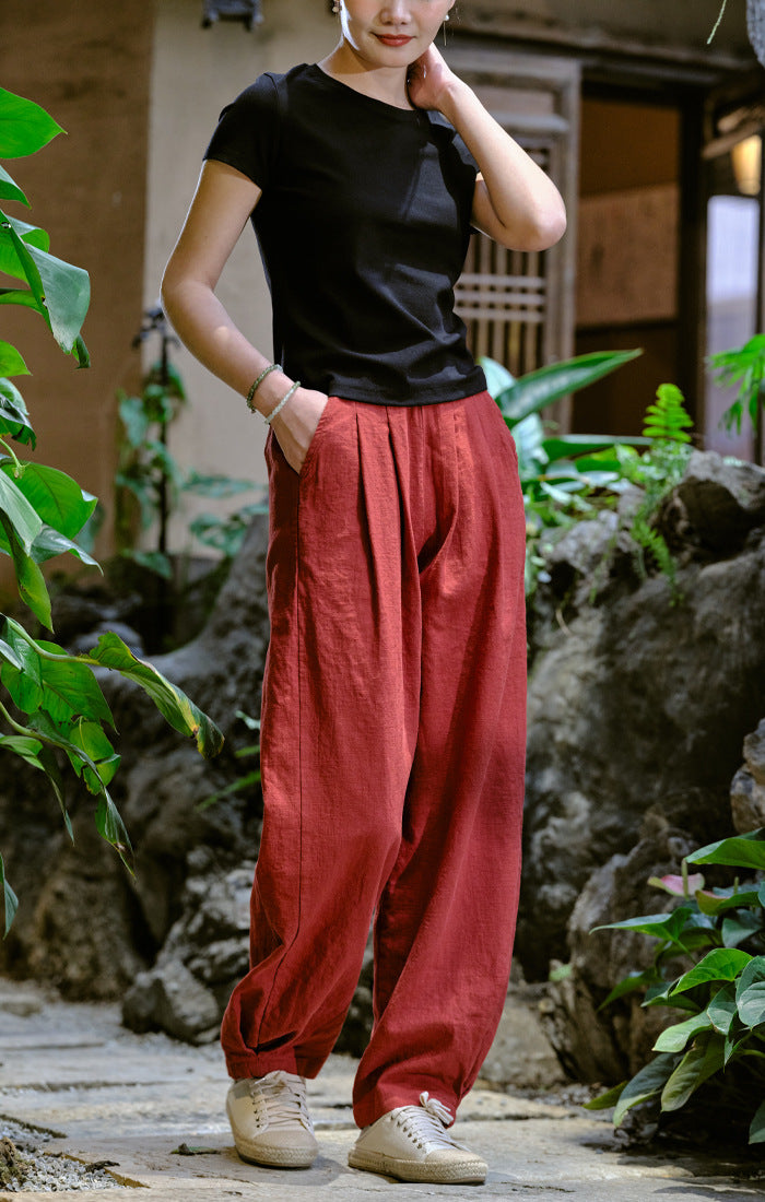 New cotton and linen women's pants, loose and versatile, slim sand-washed linen bloomers