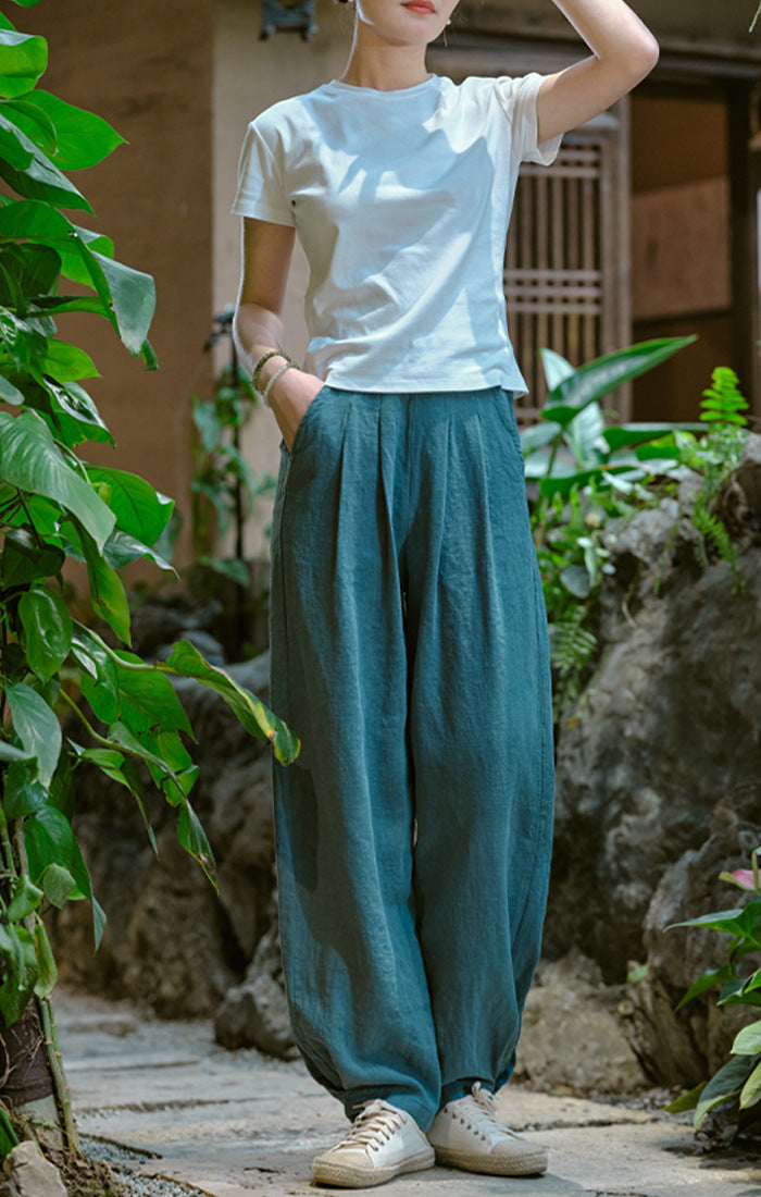 New cotton and linen women's pants, loose and versatile, slim sand-washed linen bloomers