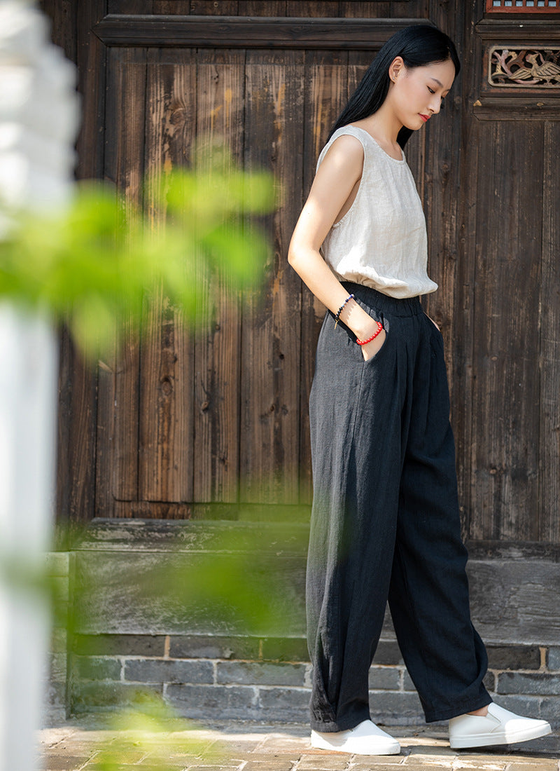 New cotton and linen women's pants, loose and versatile, slim sand-washed linen bloomers