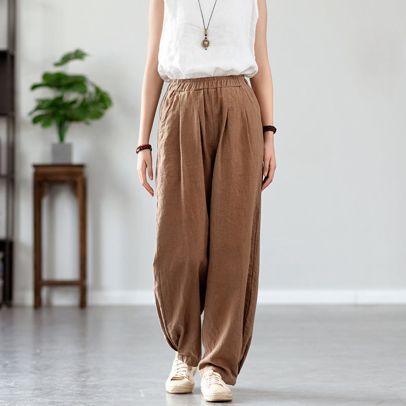 New cotton and linen women's pants, loose and versatile, slim sand-washed linen bloomers