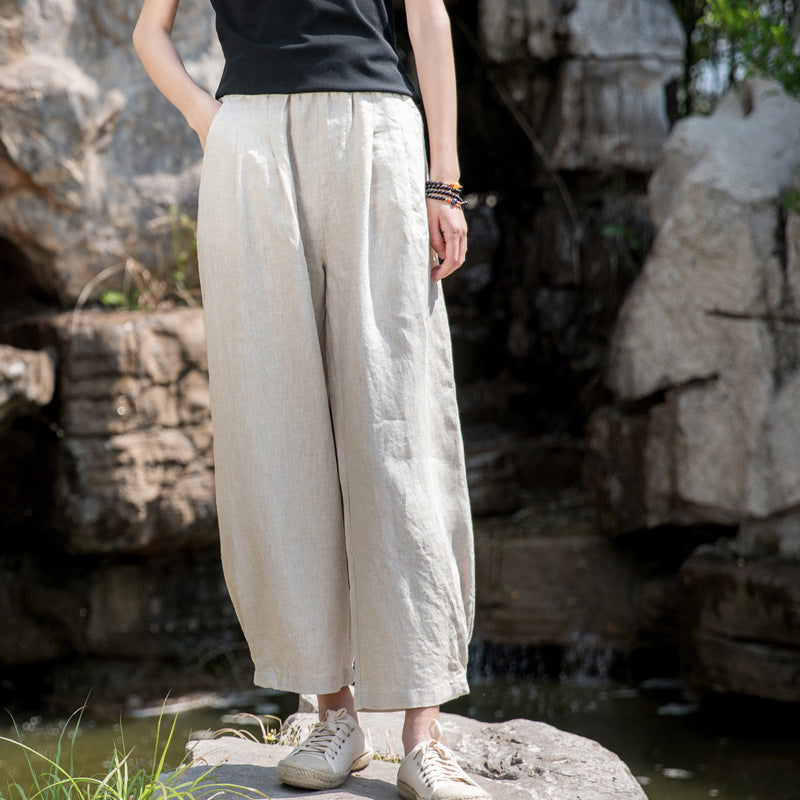 New cotton and linen women's pants, loose and versatile, slim sand-washed linen bloomers