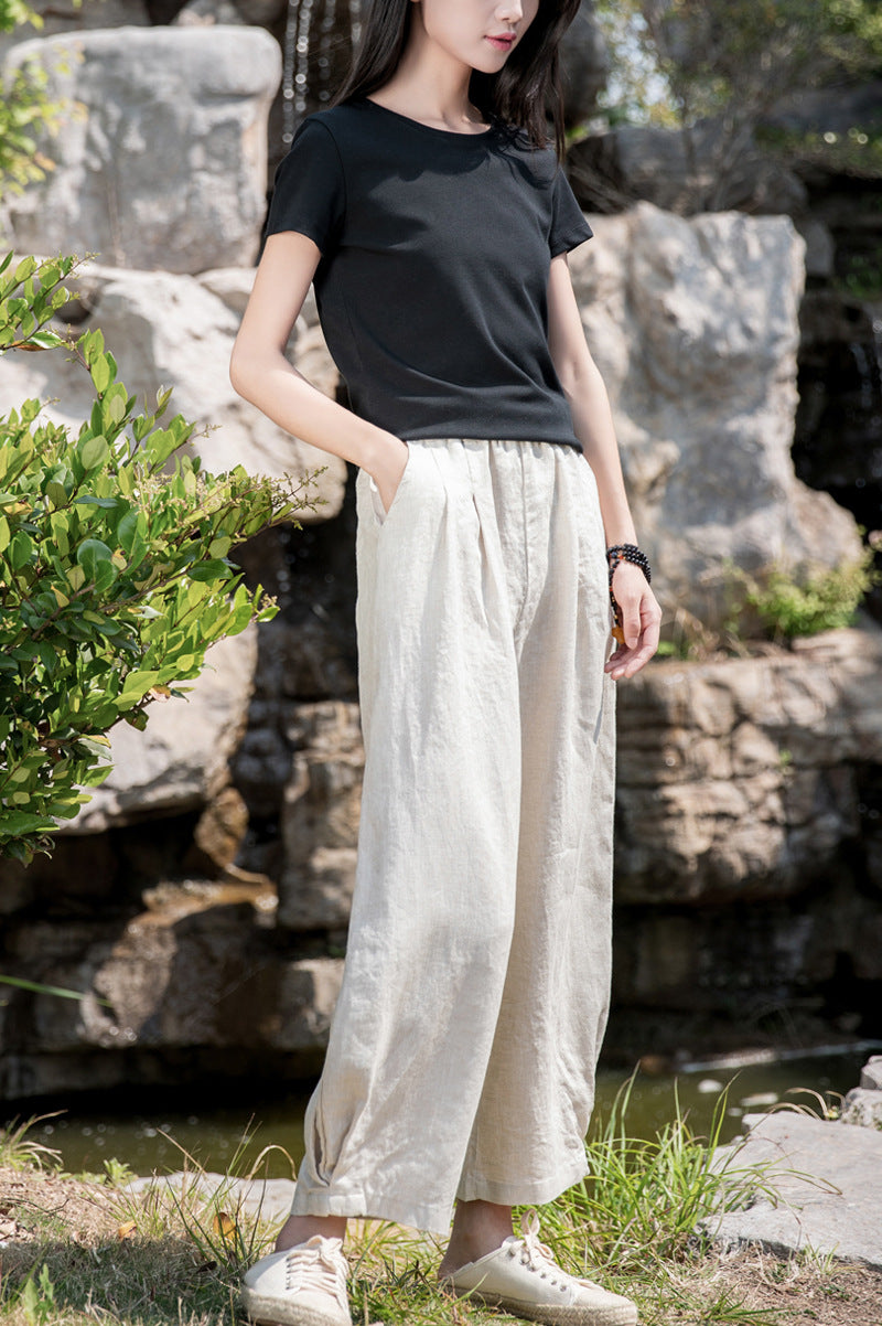 New cotton and linen women's pants, loose and versatile, slim sand-washed linen bloomers