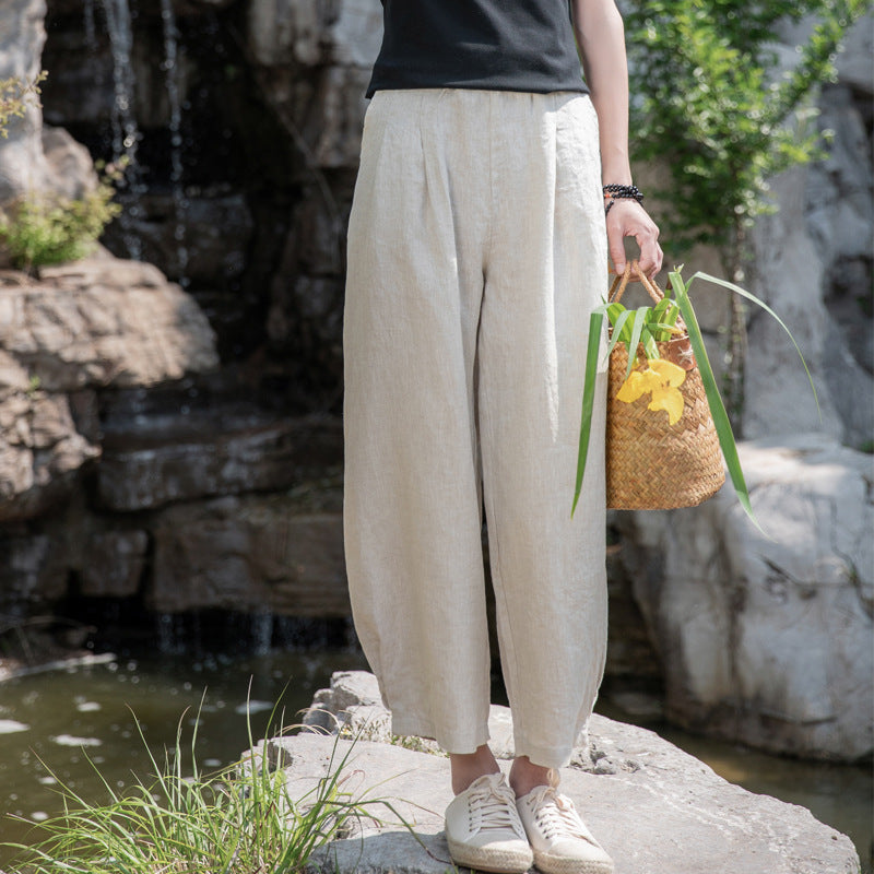 New cotton and linen women's pants, loose and versatile, slim sand-washed linen bloomers