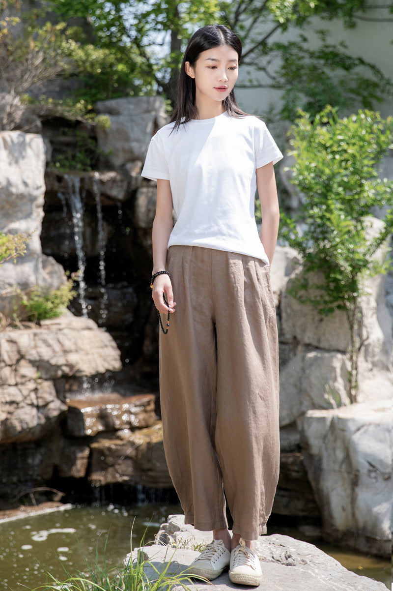 New cotton and linen women's pants, loose and versatile, slim sand-washed linen bloomers