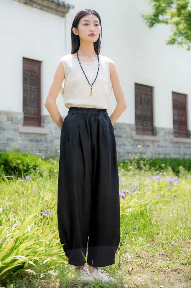 New cotton and linen women's pants, loose and versatile, slim sand-washed linen bloomers