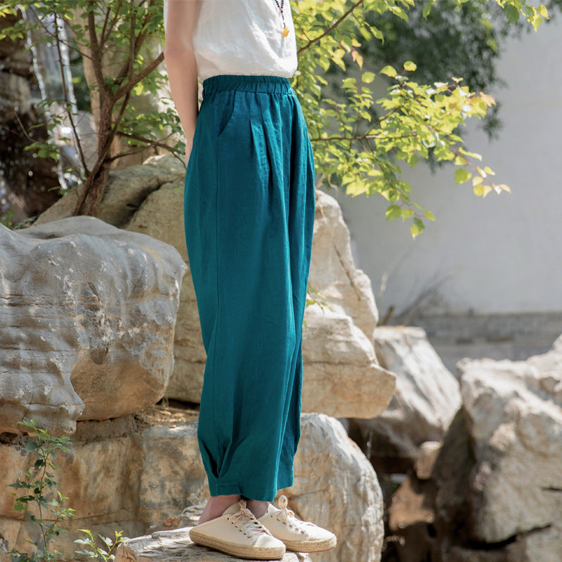 New cotton and linen women's pants, loose and versatile, slim sand-washed linen bloomers