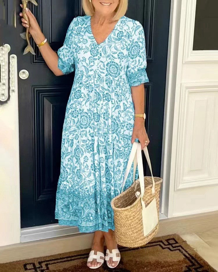 Temperament Elegant Long Loose Floral Dress Women's V-Neck Printed Large Size Dresses