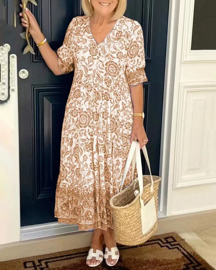 Temperament Elegant Long Loose Floral Dress Women's V-Neck Printed Large Size Dresses