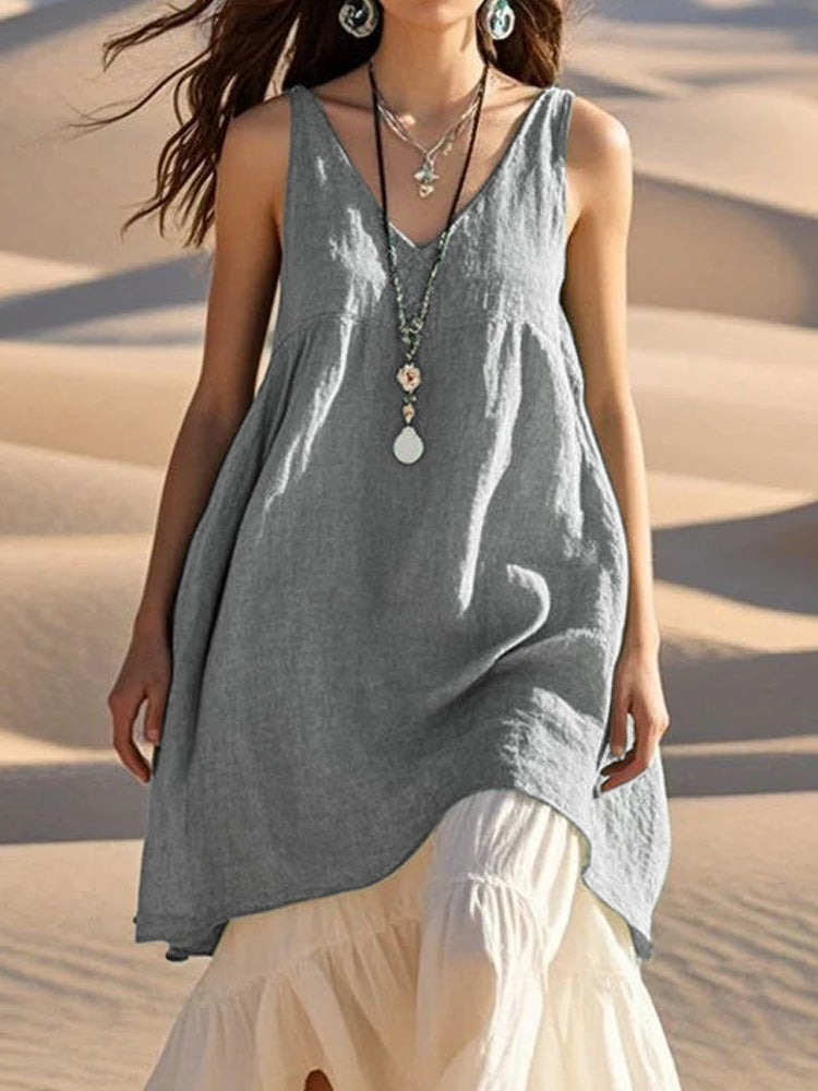 Casual Loose Fashion Sleeveless Cotton Linen Solid Colour V-Neck Beach Dress