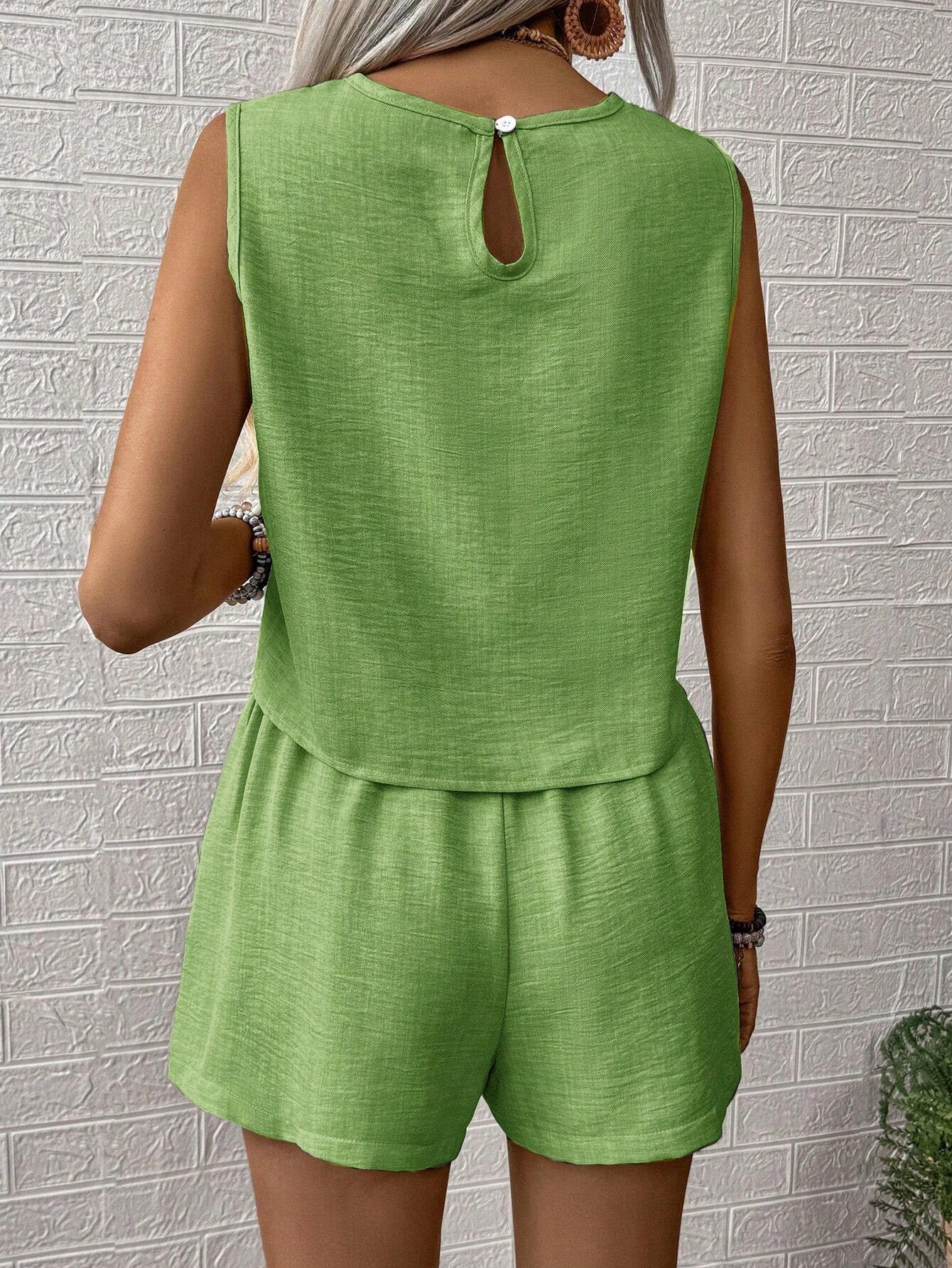 Solid color imitation cotton linen sleeveless undershirt shorts two-piece suit women