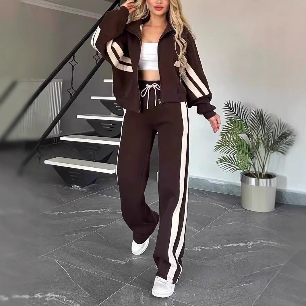 Striped Zip Top Coat Jacket Casual Sweatshirt Women