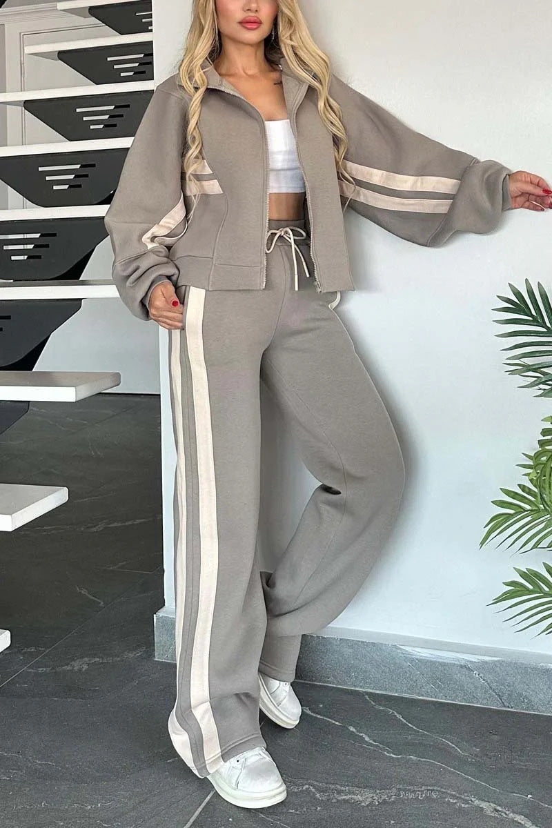 Striped Zip Top Coat Jacket Casual Sweatshirt Women