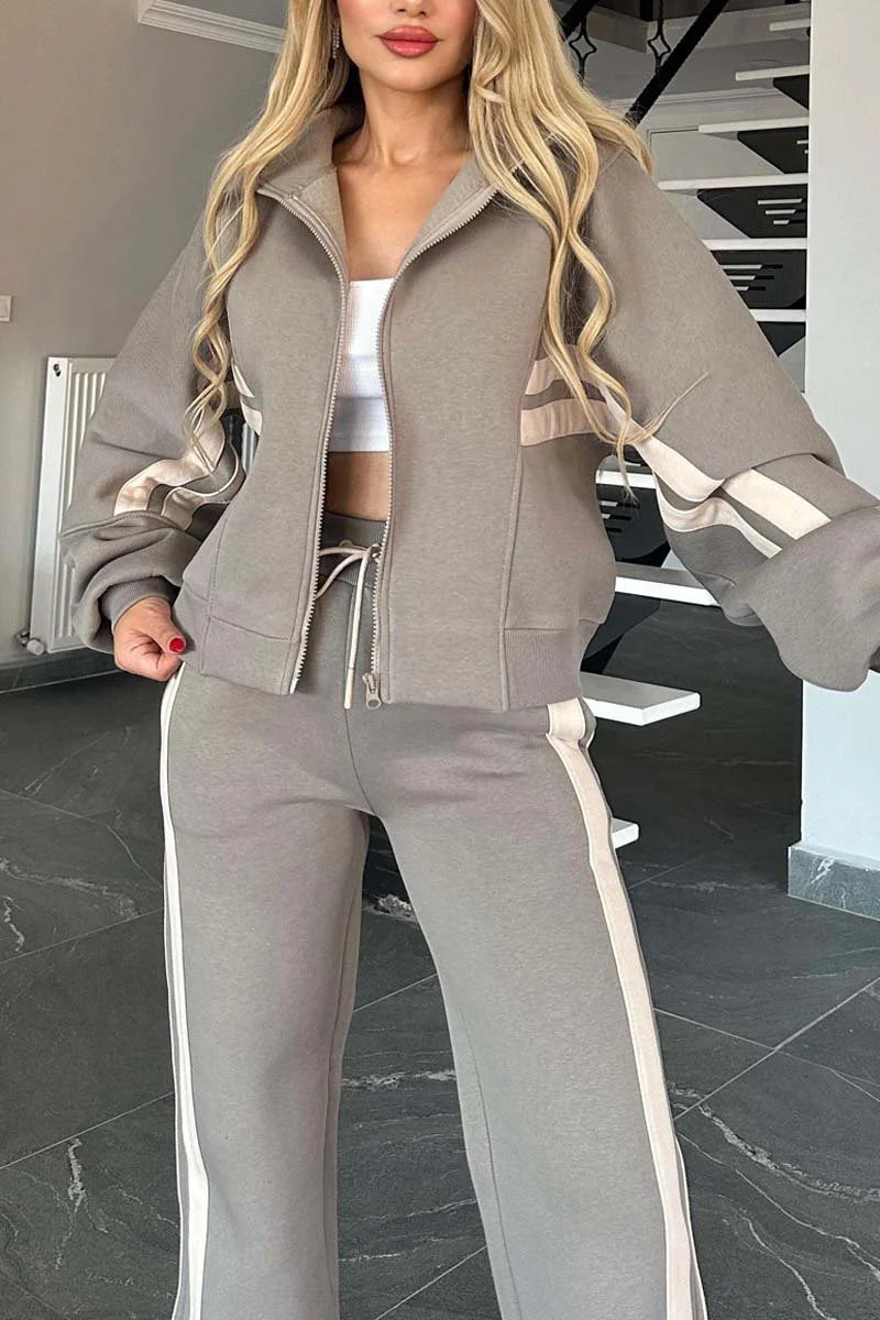Striped Zip Top Coat Jacket Casual Sweatshirt Women