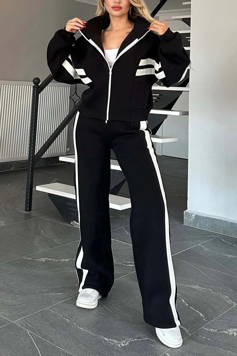 Striped Zip Top Coat Jacket Casual Sweatshirt Women
