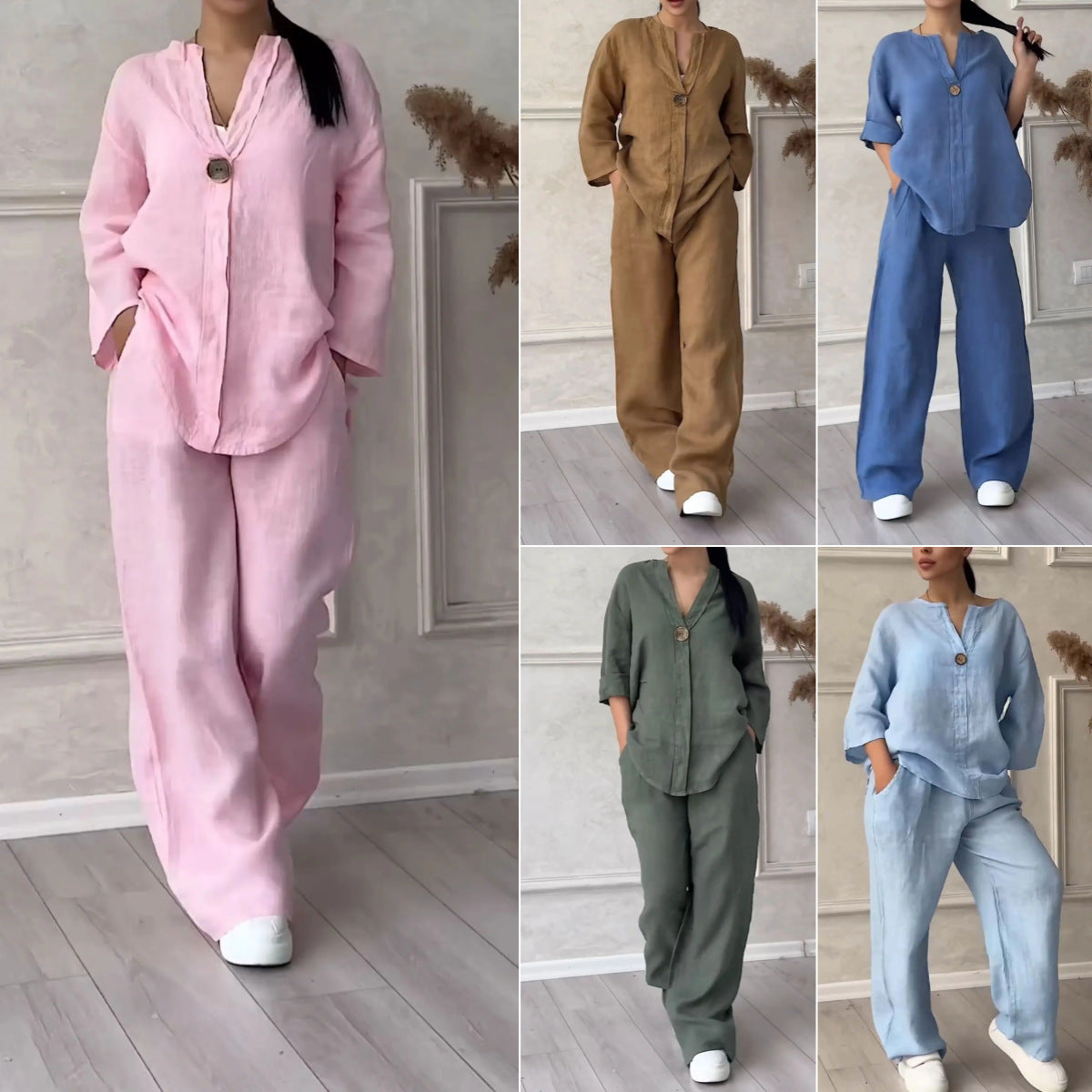 2 Piece Plus Size Cotton Linen Shirt Set High Waisted Loose Trousers