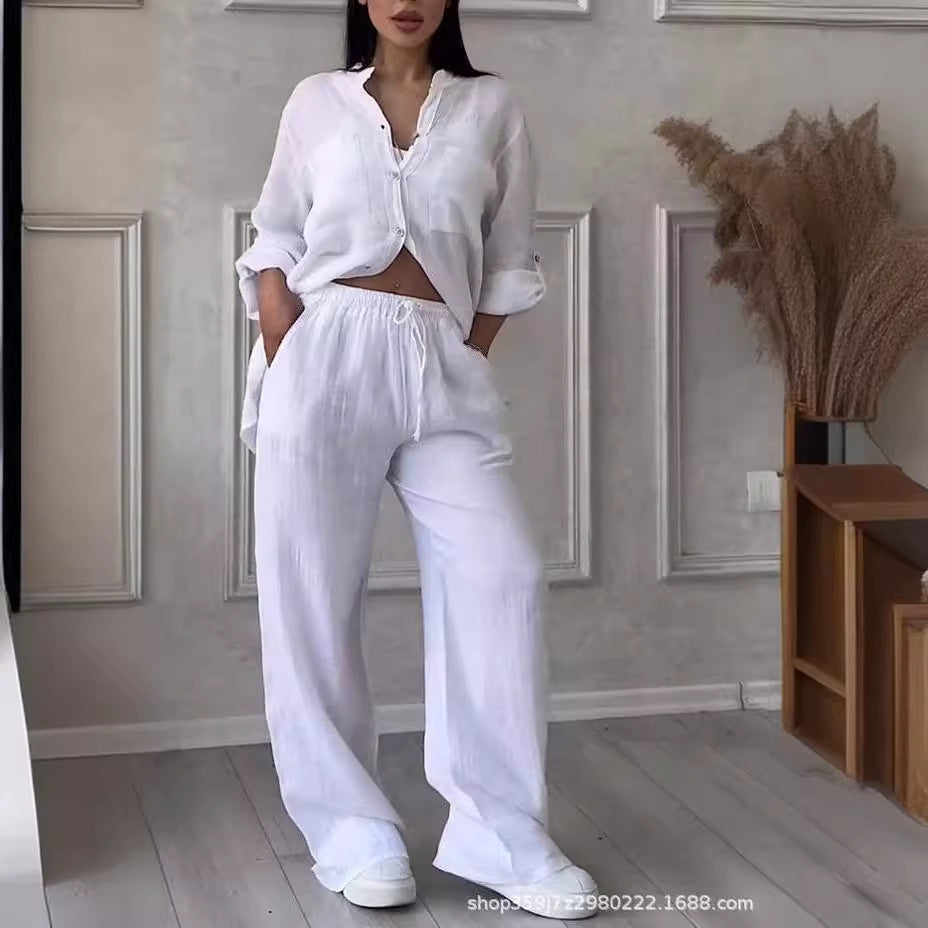 Casual Cotton Linen Solid Colour Shirt Drawstring Wide Leg Pants Set