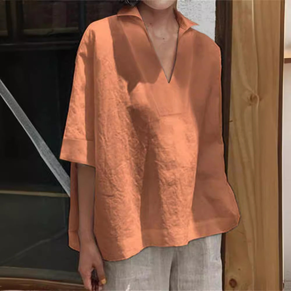 V-neck cotton linen versatile solid color large size loose medium-sleeved women's shirt