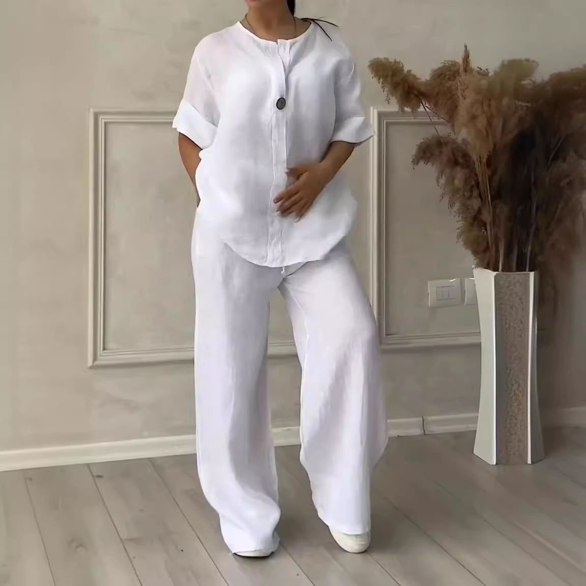 2 Piece Plus Size Cotton Linen Shirt Set High Waisted Loose Trousers