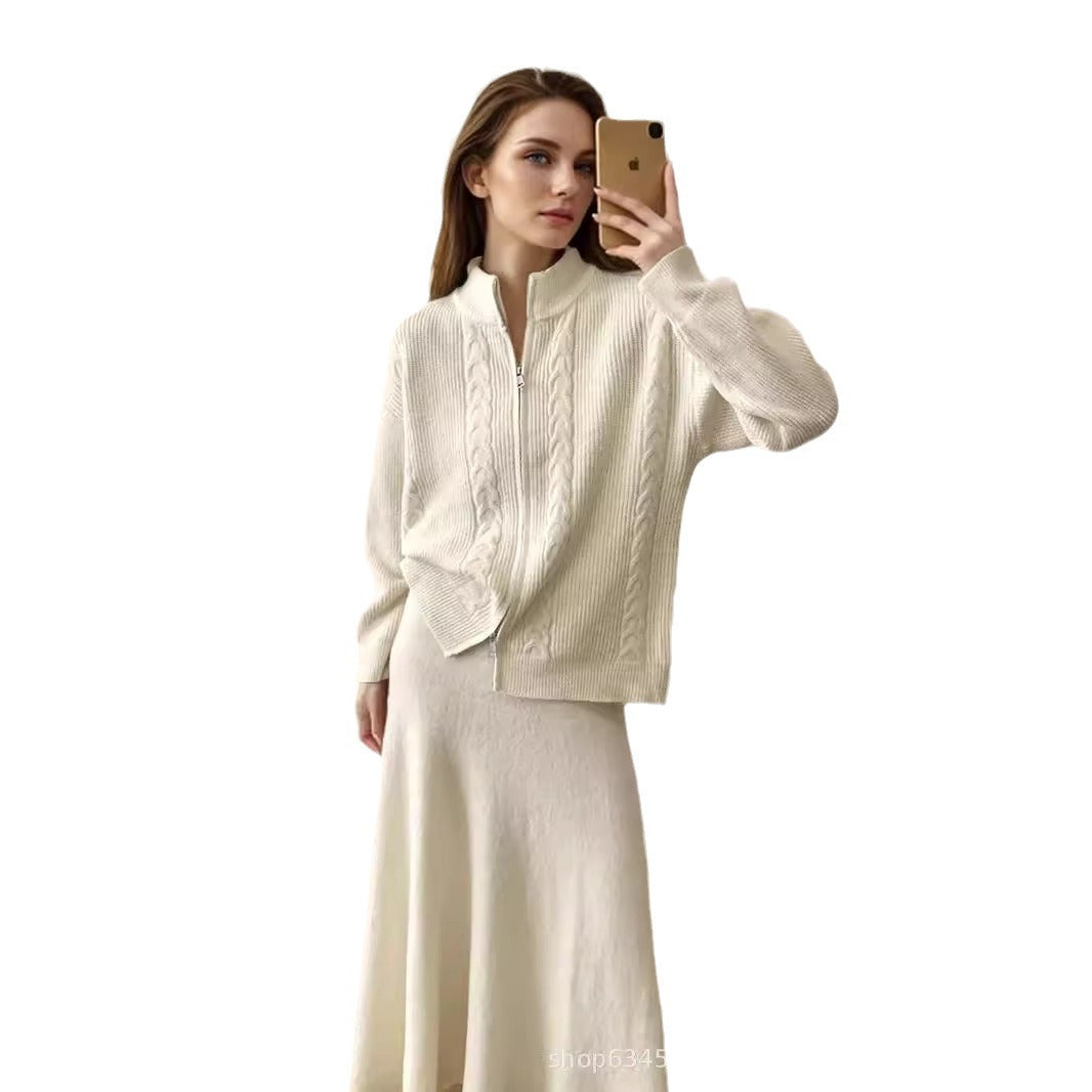 Hot sale loose knit suit women 2024 autumn and winter new zip cardigan jumper + fishtail skirt