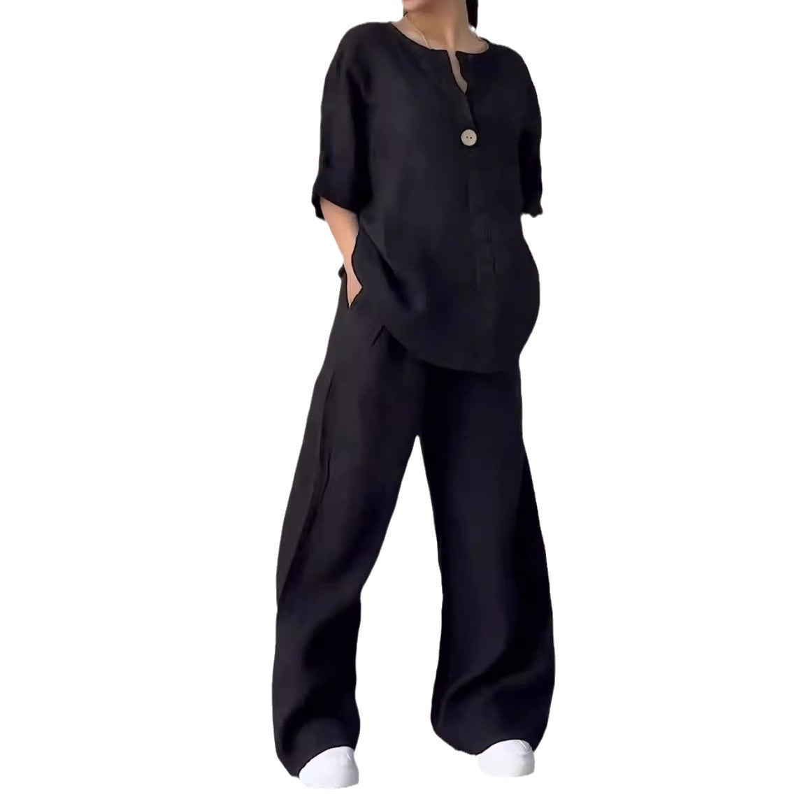 2 Piece Plus Size Cotton Linen Shirt Set High Waisted Loose Trousers