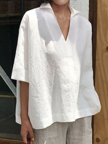 V-neck cotton linen versatile solid color large size loose medium-sleeved women's shirt