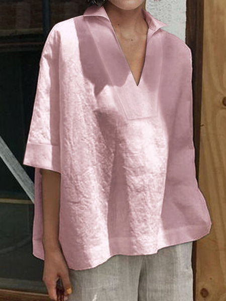 V-neck cotton linen versatile solid color large size loose medium-sleeved women's shirt