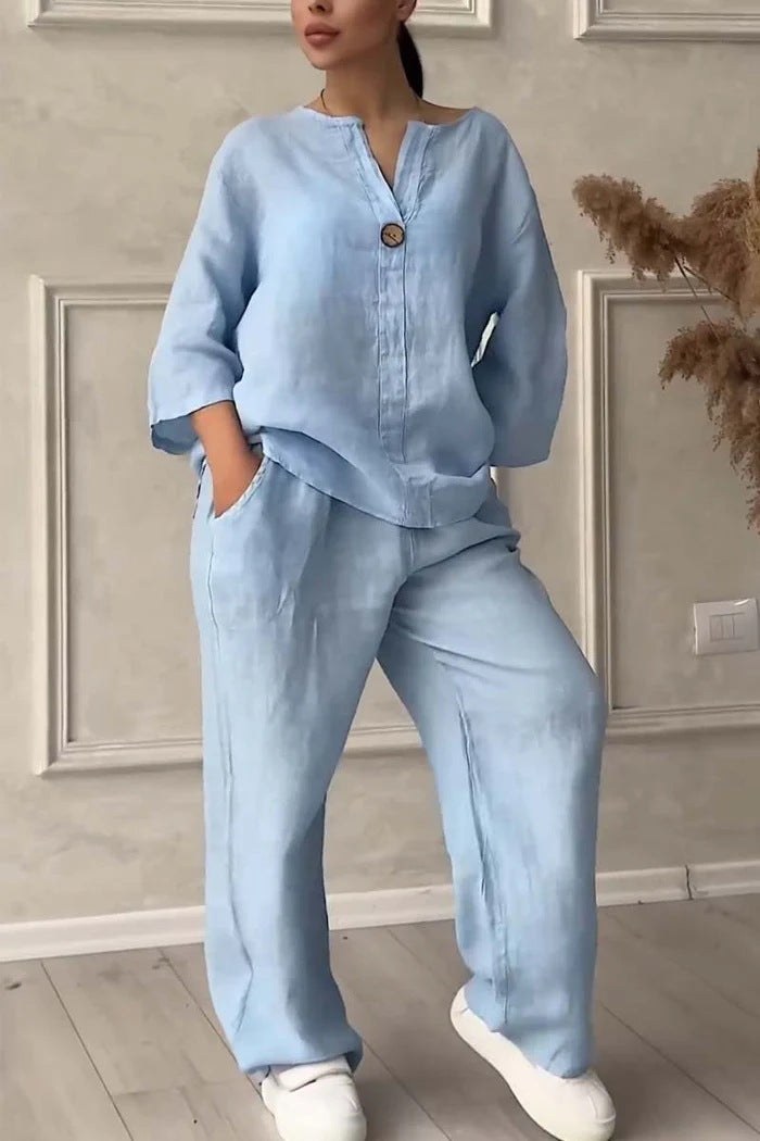 2 Piece Plus Size Cotton Linen Shirt Set High Waisted Loose Trousers