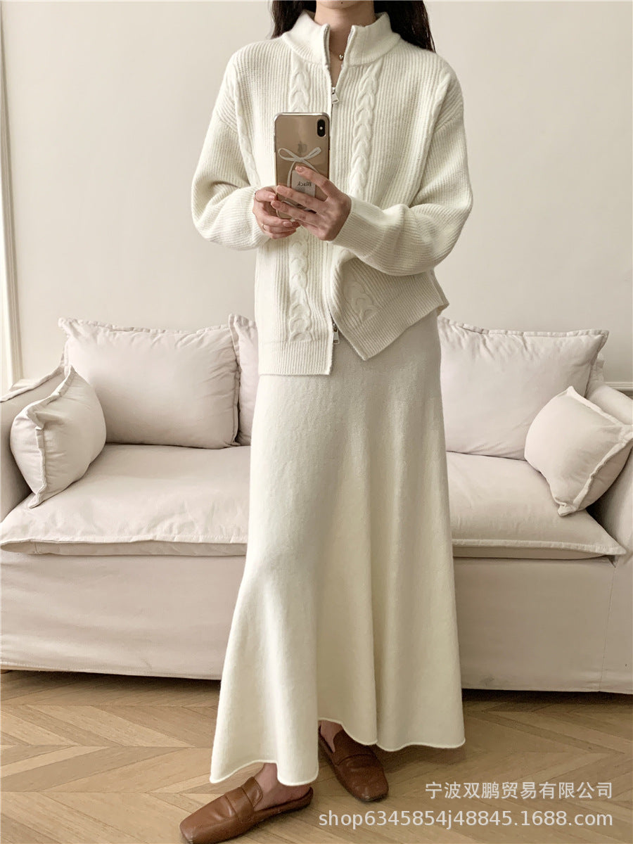 Hot sale loose knit suit women 2024 autumn and winter new zip cardigan jumper + fishtail skirt