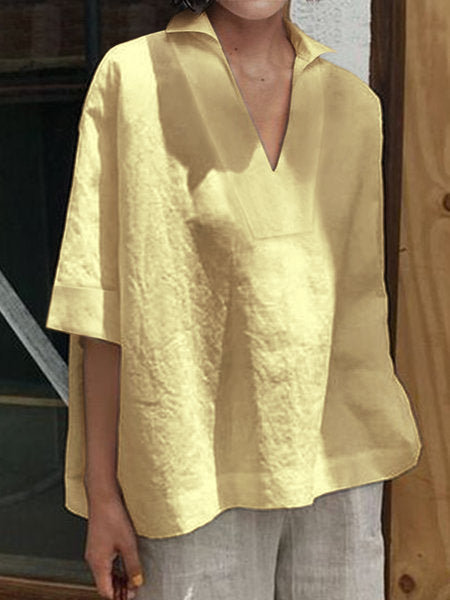 V-neck cotton linen versatile solid color large size loose medium-sleeved women's shirt