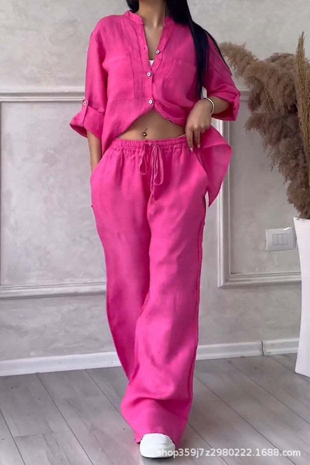 Casual Cotton Linen Solid Colour Shirt Drawstring Wide Leg Pants Set