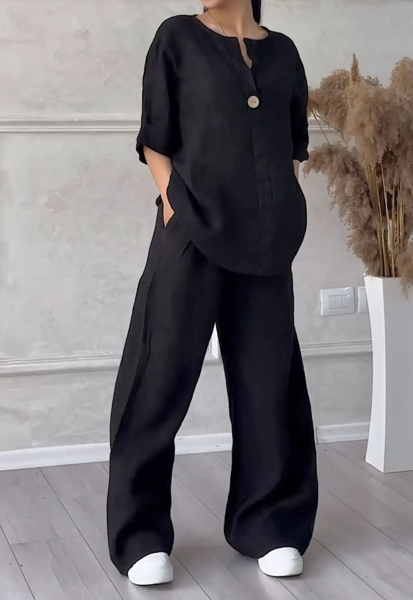2 Piece Plus Size Cotton Linen Shirt Set High Waisted Loose Trousers