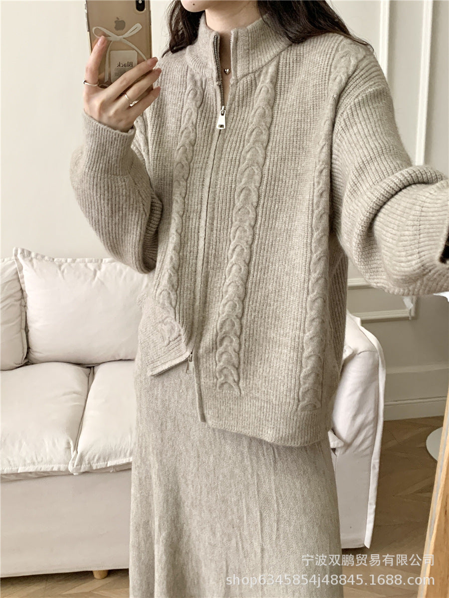Hot sale loose knit suit women 2024 autumn and winter new zip cardigan jumper + fishtail skirt