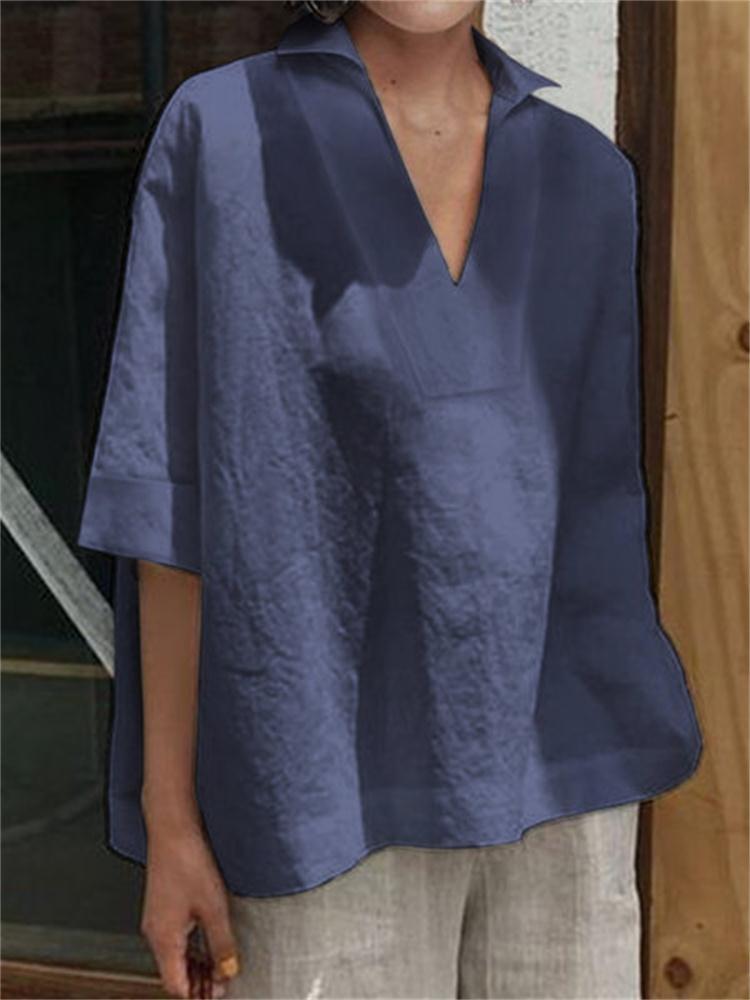 V-neck cotton linen versatile solid color large size loose medium-sleeved women's shirt