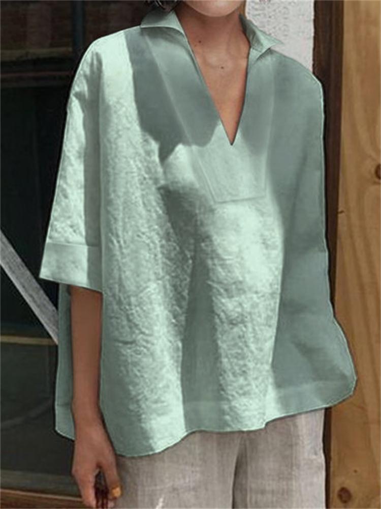 V-neck cotton linen versatile solid color large size loose medium-sleeved women's shirt