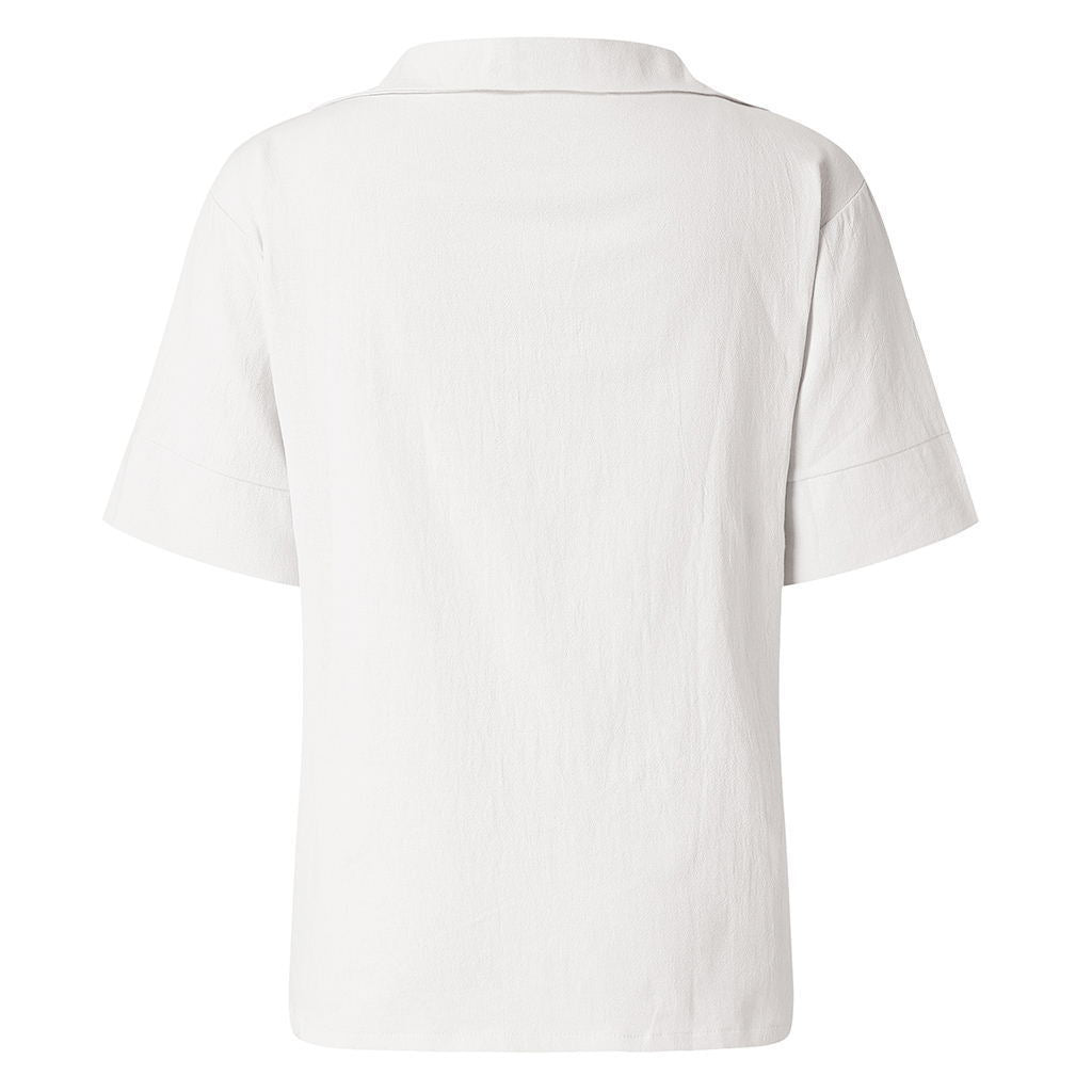 V-neck cotton linen versatile solid color large size loose medium-sleeved women's shirt