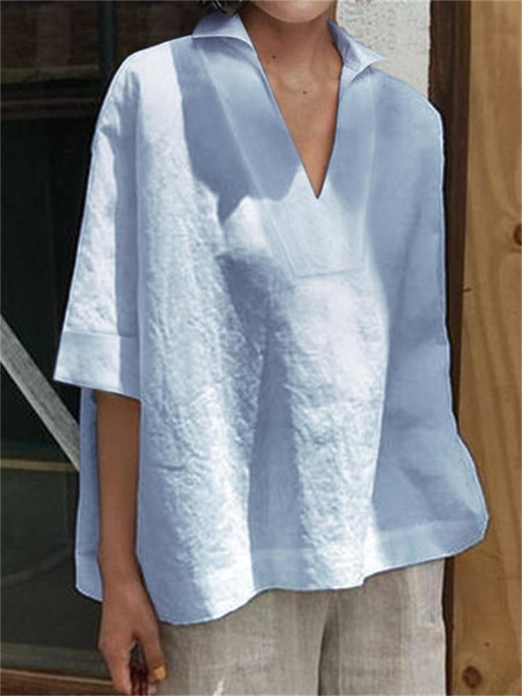 V-neck cotton linen versatile solid color large size loose medium-sleeved women's shirt