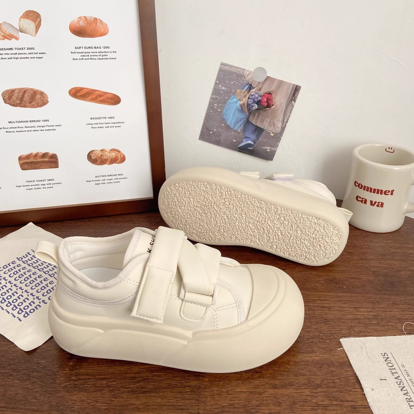 Cream velcro white shoes women