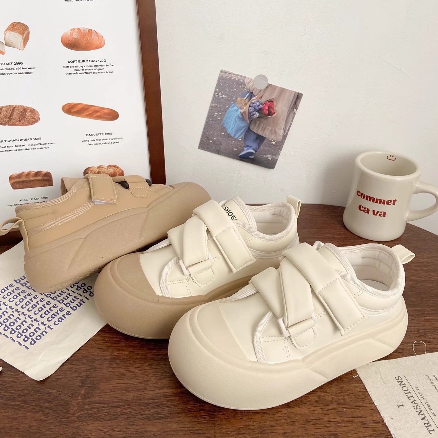 Cream velcro white shoes women