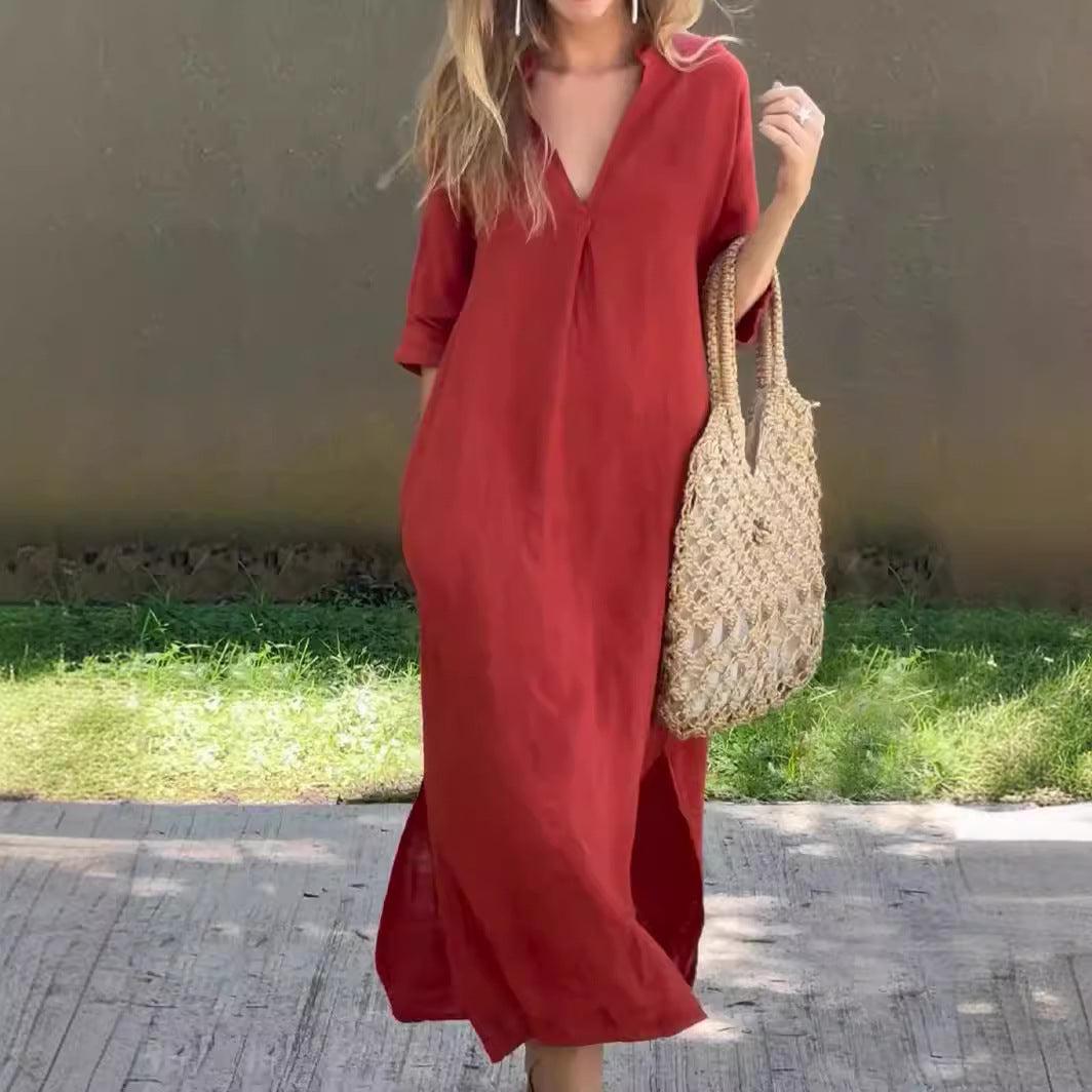 Summer Side Slit V-Neck 7 Sleeve Chest Pressure Pleat Dress