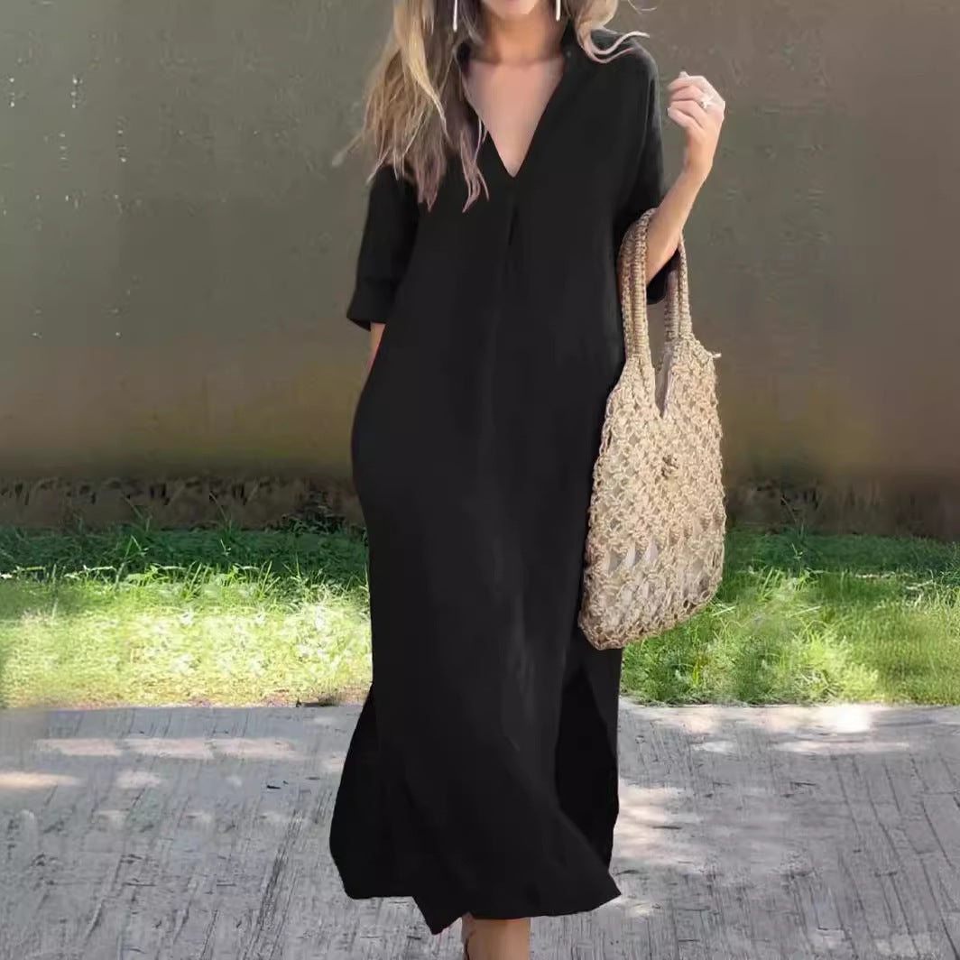 Summer Side Slit V-Neck 7 Sleeve Chest Pressure Pleat Dress