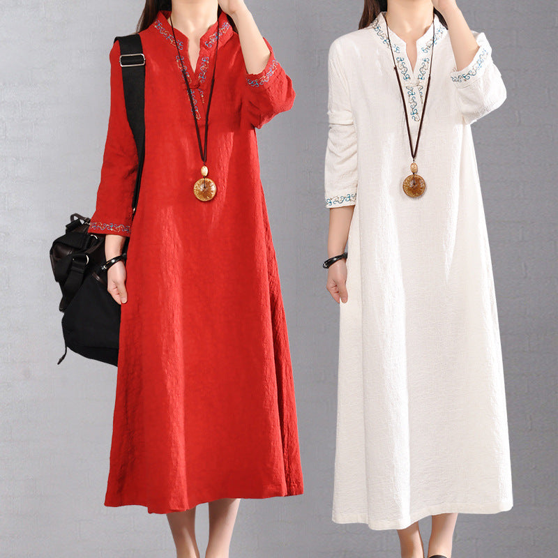 2025 Spring and Autumn new V-neck disc buckle linen embroidery robe cotton dress