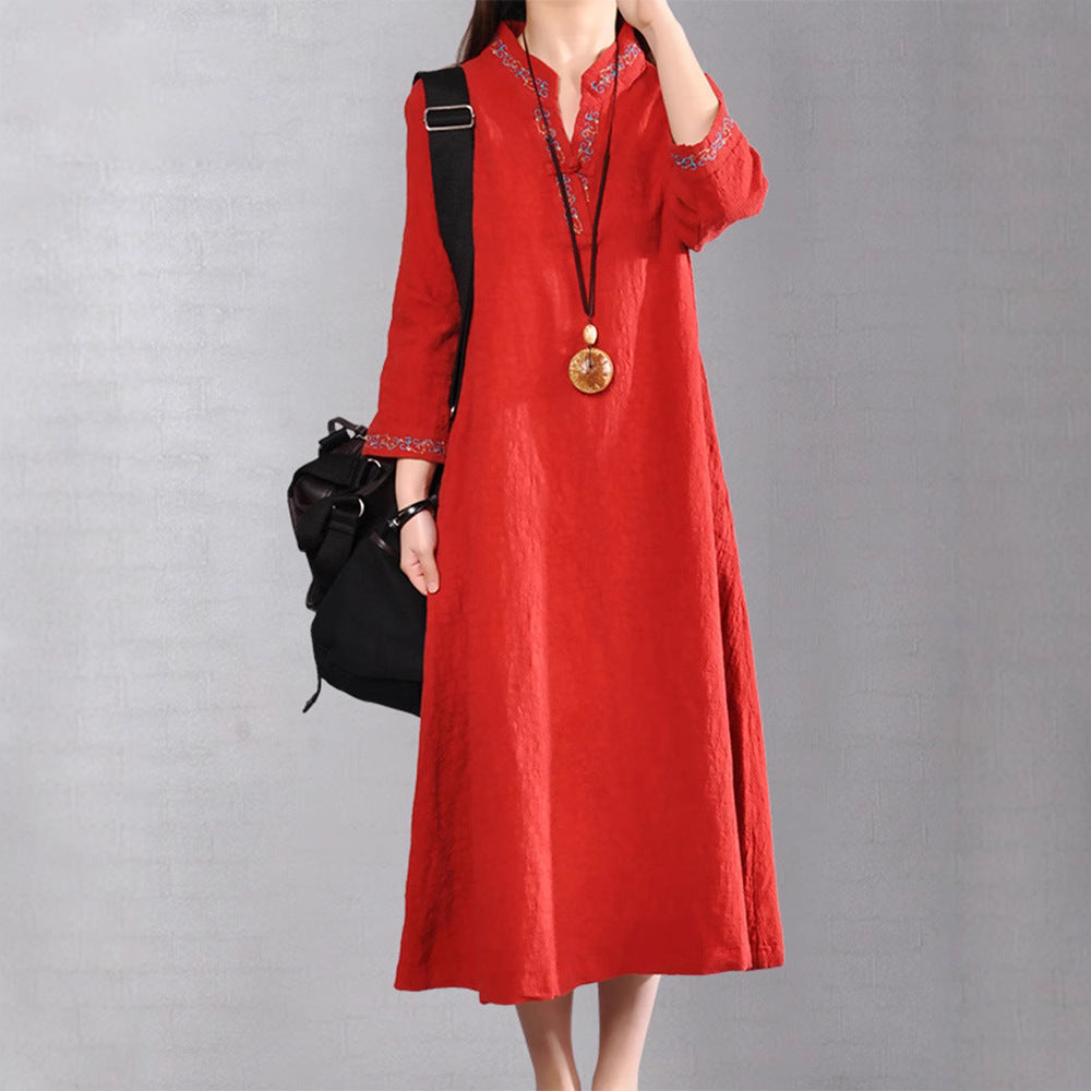 2025 Spring and Autumn new V-neck disc buckle linen embroidery robe cotton dress