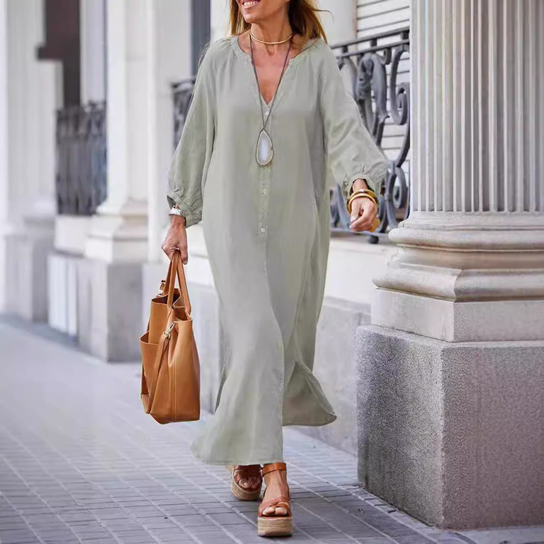 Cotton Linen Shirt Long Dress Fashion Casual Long Sleeve Cardigan Dresses
