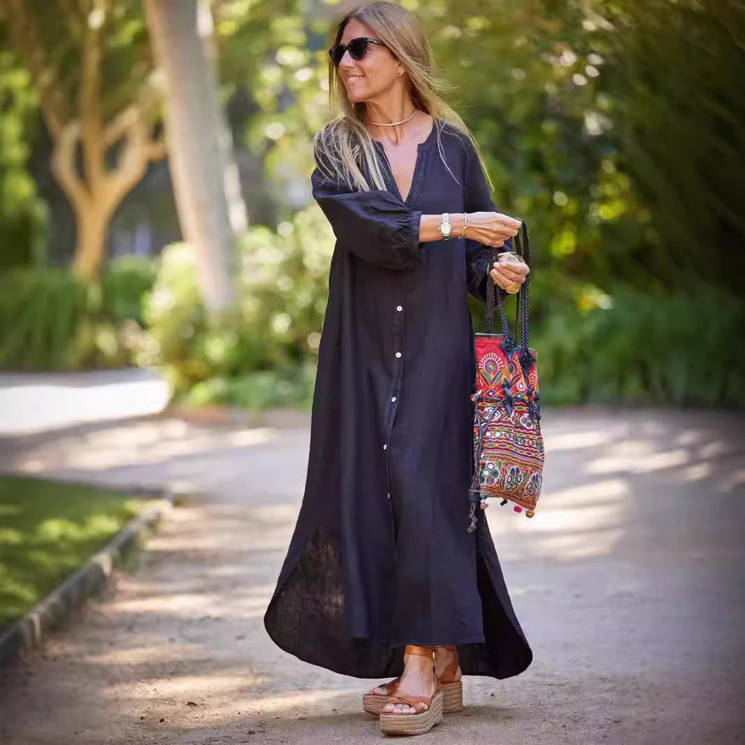 Cotton Linen Shirt Long Dress Fashion Casual Long Sleeve Cardigan Dresses